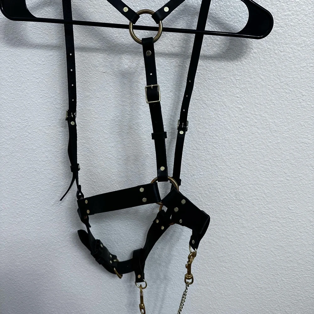 Black Leather Harness Belt with Gold Chain Accent
